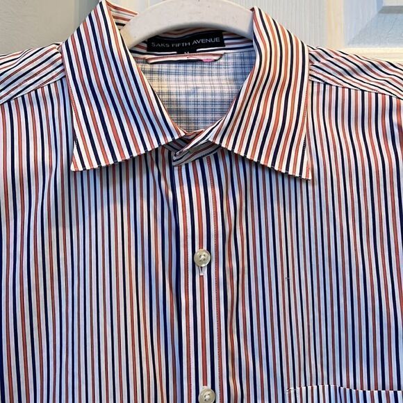 Saks Fifth Avenue Men’s M button-down dress shirt with plaid accent cuffs - Picture 3 of 15